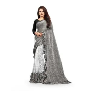 Women's Silk With Mirror Lace Solid Saree With Unstitched Blouse (Grey, 5-5 Mtrs)