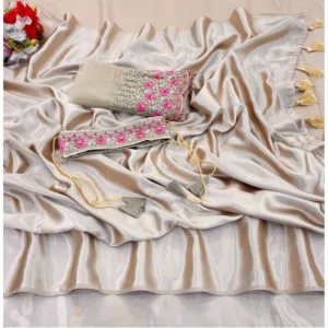 Women's Satin Solid Saree With Unstitched Blouse (Beige, 5-5 Mtrs)