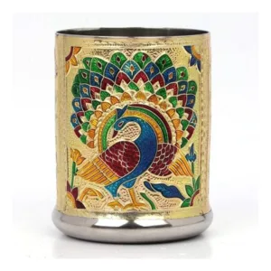 Steel Meenakari Peacock Design Decorative Glass Set (Gold)