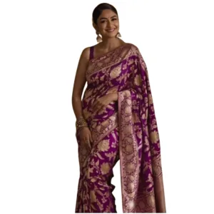 Women's Silk Printed Saree With Unstitched Blouse 5.5Mtr (Purple)