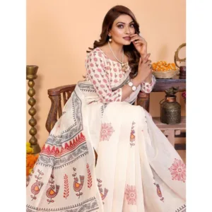 Women's Linen Cotton Printed Saree With Unstitched Blouse 5.5Mtr (Off White)