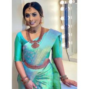 Women's Litchi silk Printed Saree With Unstitched Blouse (Green)