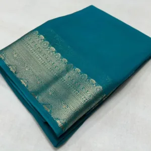 Women's Crepe Chit Pallu Solid Saree With Unstitched Blouse 5.5Mtr (Sky Blue)