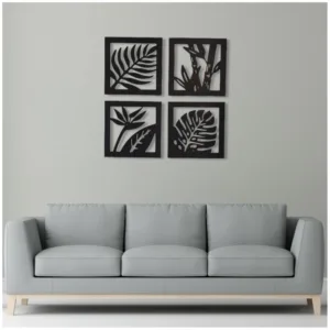 7 Decore Wooden 4 Pieces Square Tree Leaf Wall Art Panel Frame – Black (Big Size)