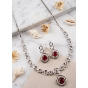Women's Brass Silver Plated Necklace set (Red)