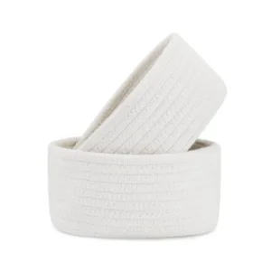 Cotton 8x3 Inch Round 2 Set Bedside Organizer With Out Lid (White)