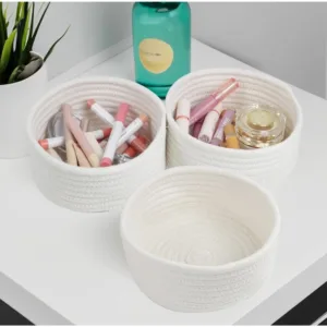 Cotton 8x3 Inch Round 3 Set Bedside Organizer With Out Lid (White)