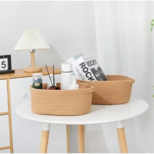 Cotton 2 Pcs 10x7x4 Inch Oval Storage Basket For Clothes (Beige)