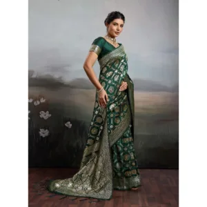 Women's Silk Blend Printed Saree With Unstitched Blouse 5.5Mtr (Bottel Green)