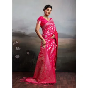 Women's Silk Blend Printed Saree With Unstitched Blouse 5.5Mtr (Pink)