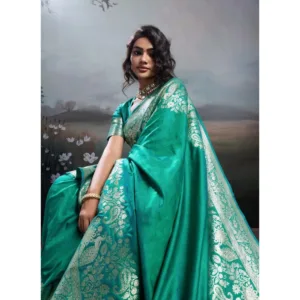 Women's Silk Blend Printed Saree With Unstitched Blouse 5.5Mtr (Teal Green)