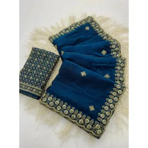 Women's Satin Embellished Saree With Unstitched Blouse 5.5Mtr (Teal)