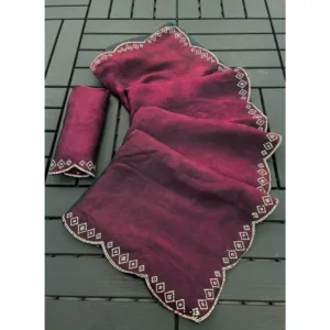 Women's Satin Embellished Saree With Unstitched Blouse 5.5Mtr (Burgundy)